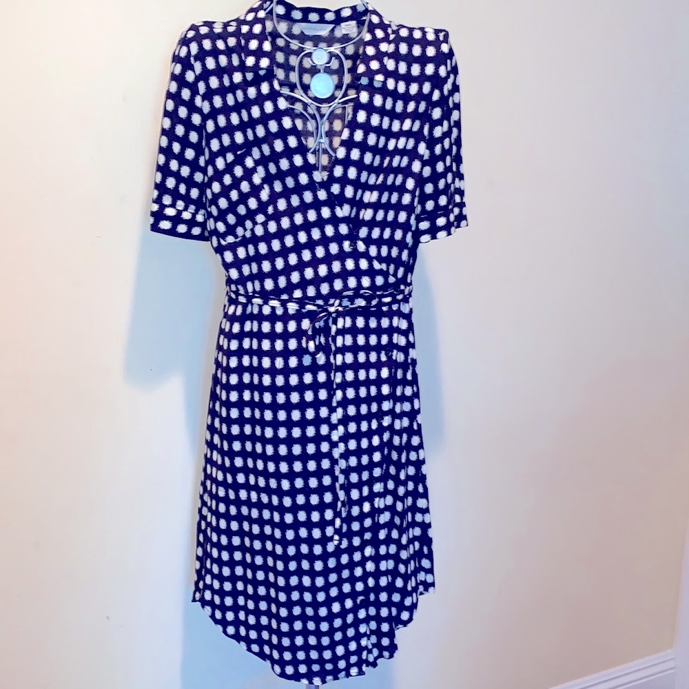 Anthropologie Thylo Navy Cream Wrap Dress Short Sleeves Office Siren  S